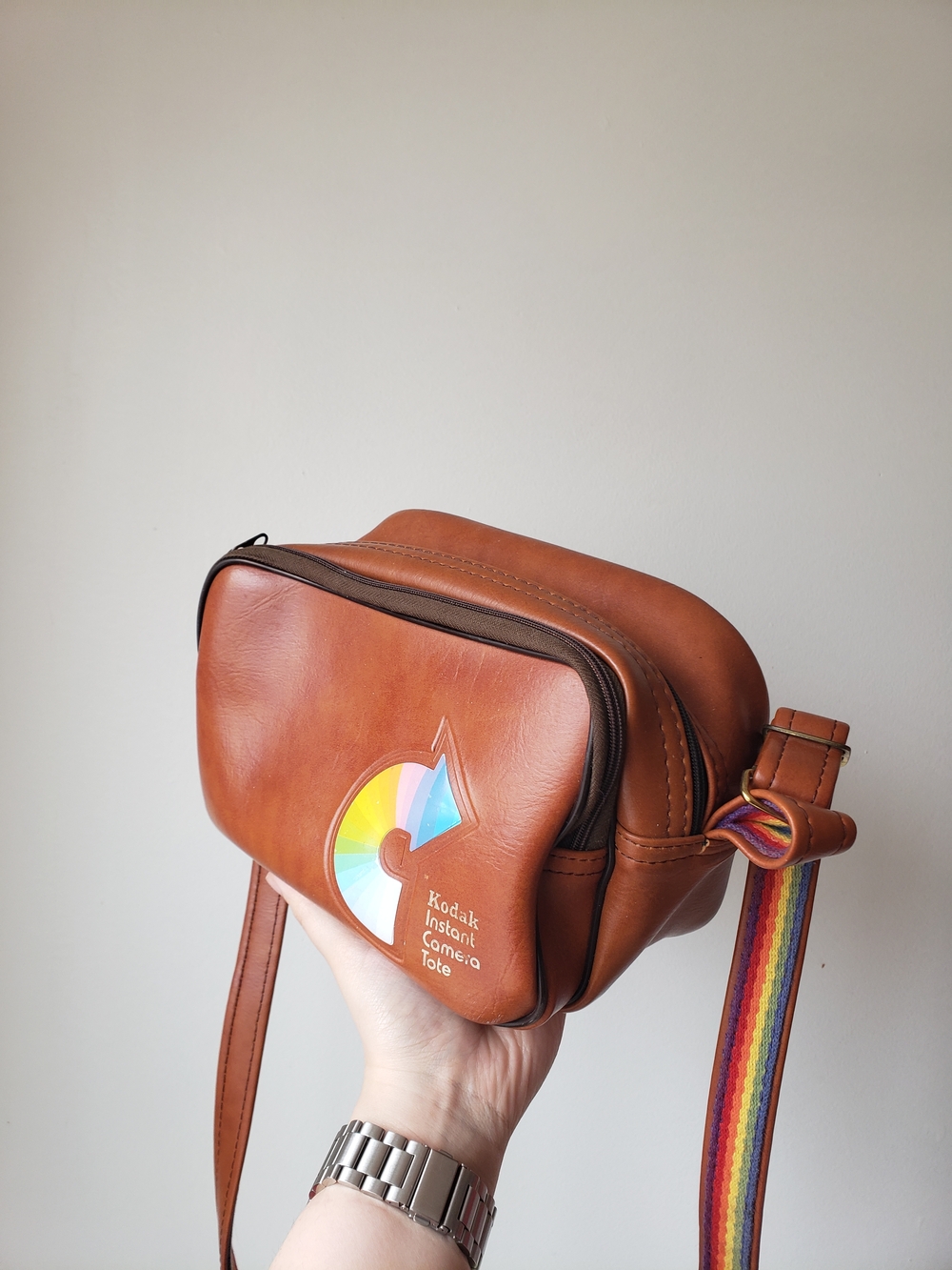 Kodak Brown Leather Camera Crossbody with Rainbow Accent